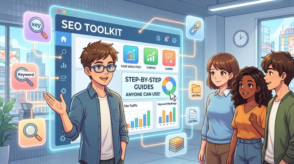 Presenter explaining an SEO toolkit with analytics, traffic, and keyword-ranking guides